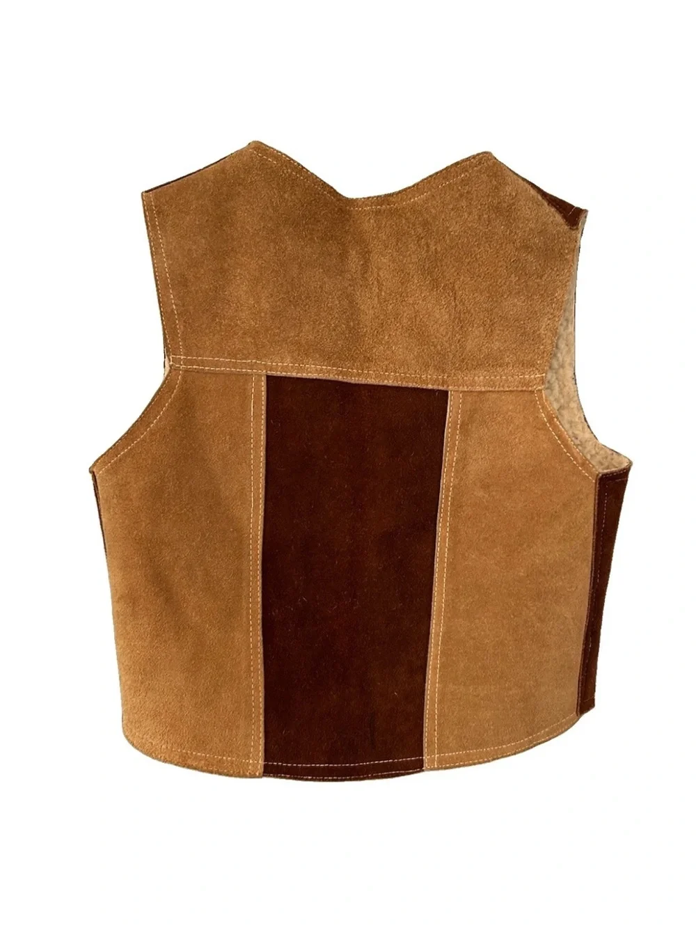 Vintage 70s Kids Suede Leather Sherpa Vest Western Patchwork Mexico Sz 18 M/L